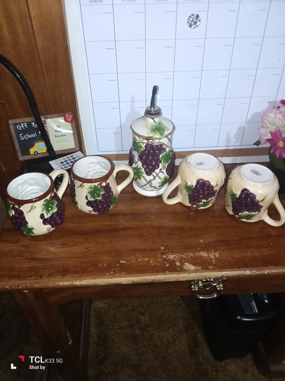 Grapevine Ceramic Sugar Pourer and Mugs Set - Cream and Purple